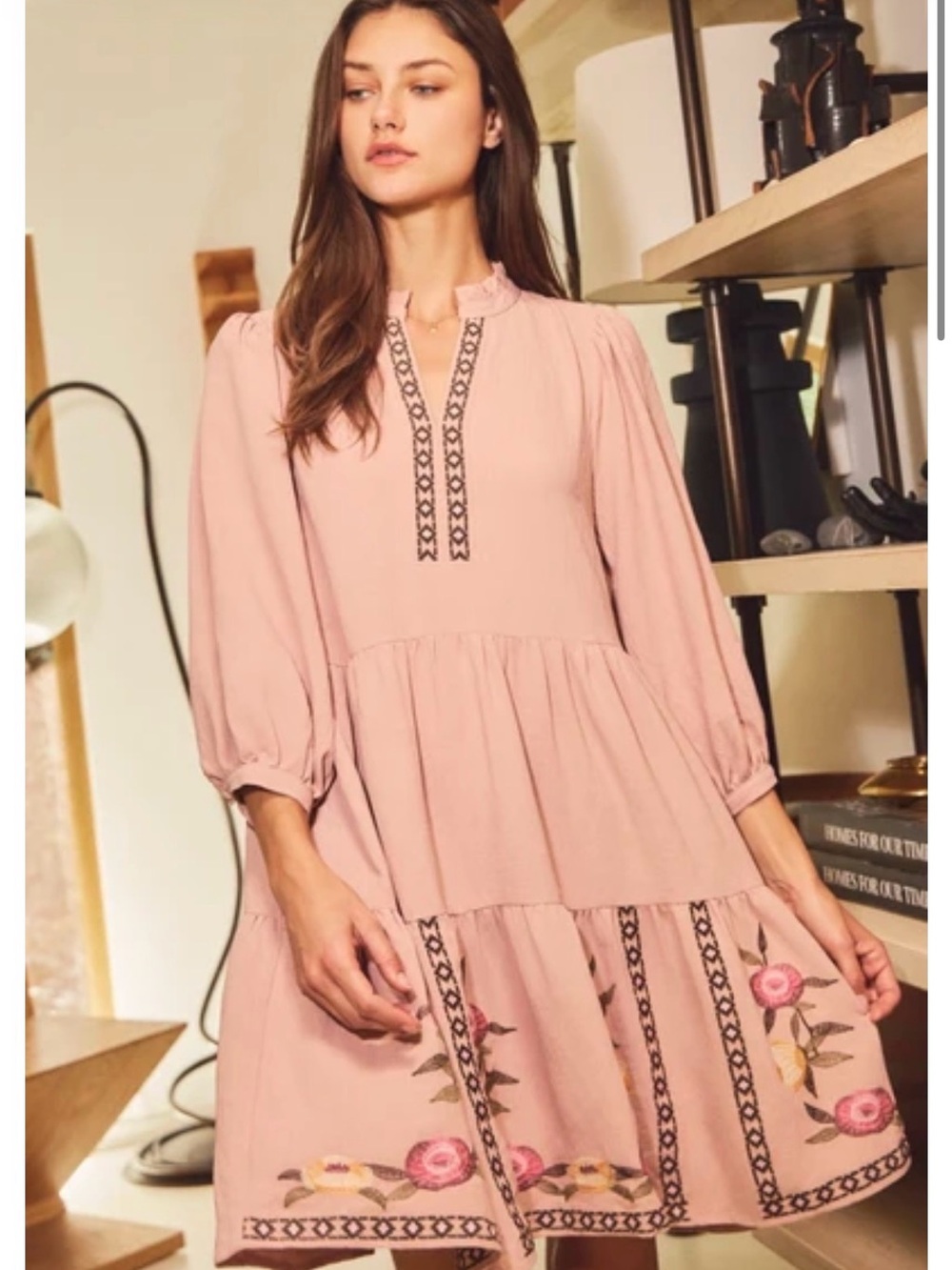 Pink Embroidered Tiered Long-Sleeve Dress